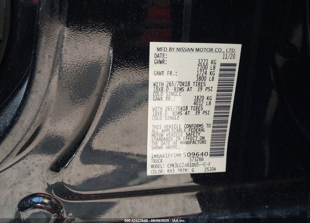 2021 NISSAN TITAN VIN: 1N6AA1EF1MN509640