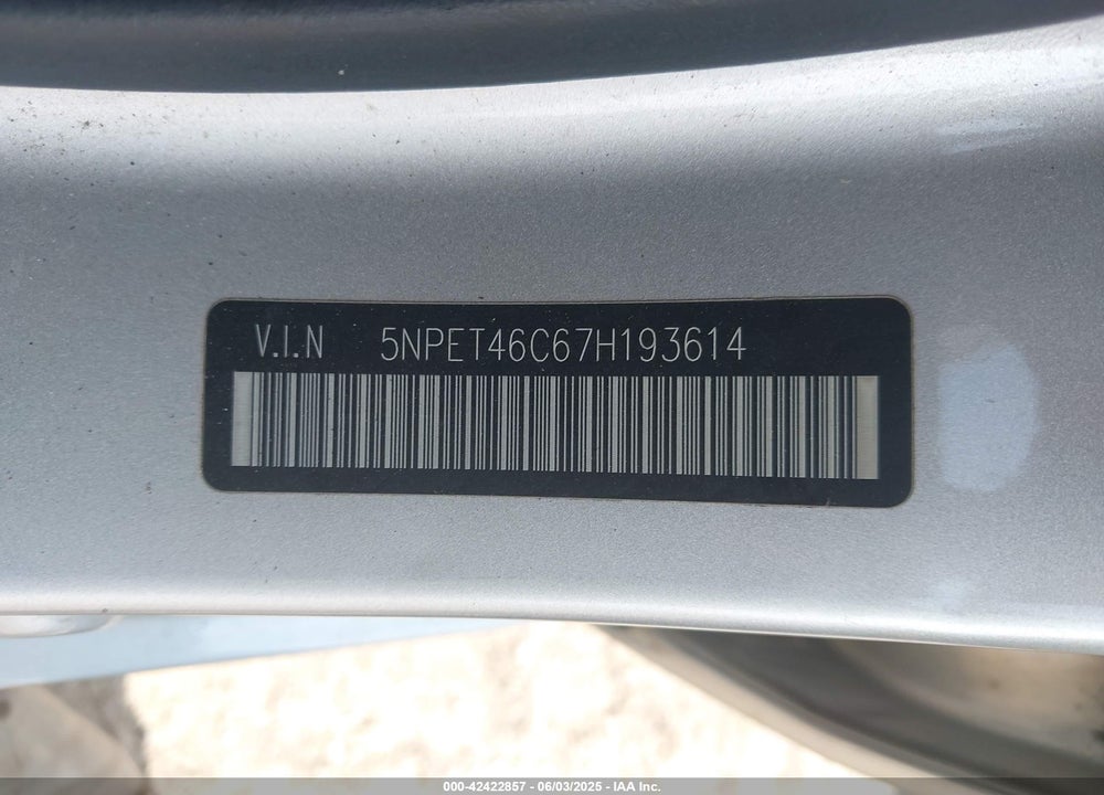 2007 HYUNDAI SONATA GLS VIN: 5NPET46C67H193614