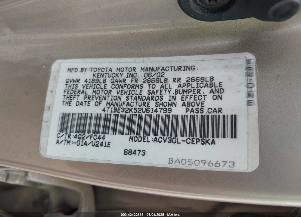 2002 TOYOTA CAMRY SE VIN: 4T1BE32K52U614799