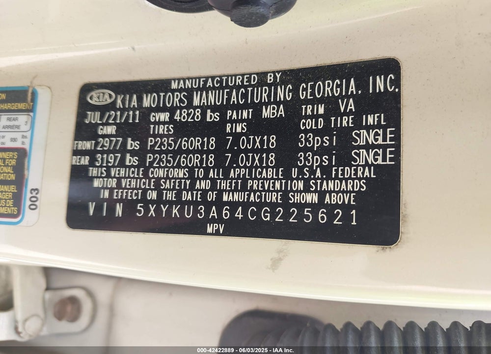 2012 KIA SORENTO VIN: 5XYKU3A64CG225621