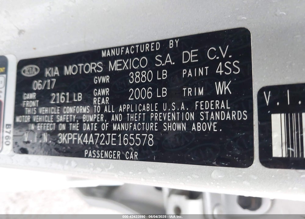 2018 KIA FORTE VIN: 3KPFK4A72JE165578