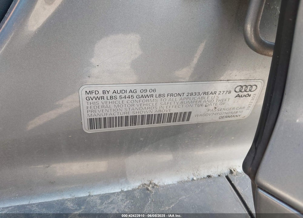 2007 AUDI A6 4.2 VIN: WAUDV74F07N054810