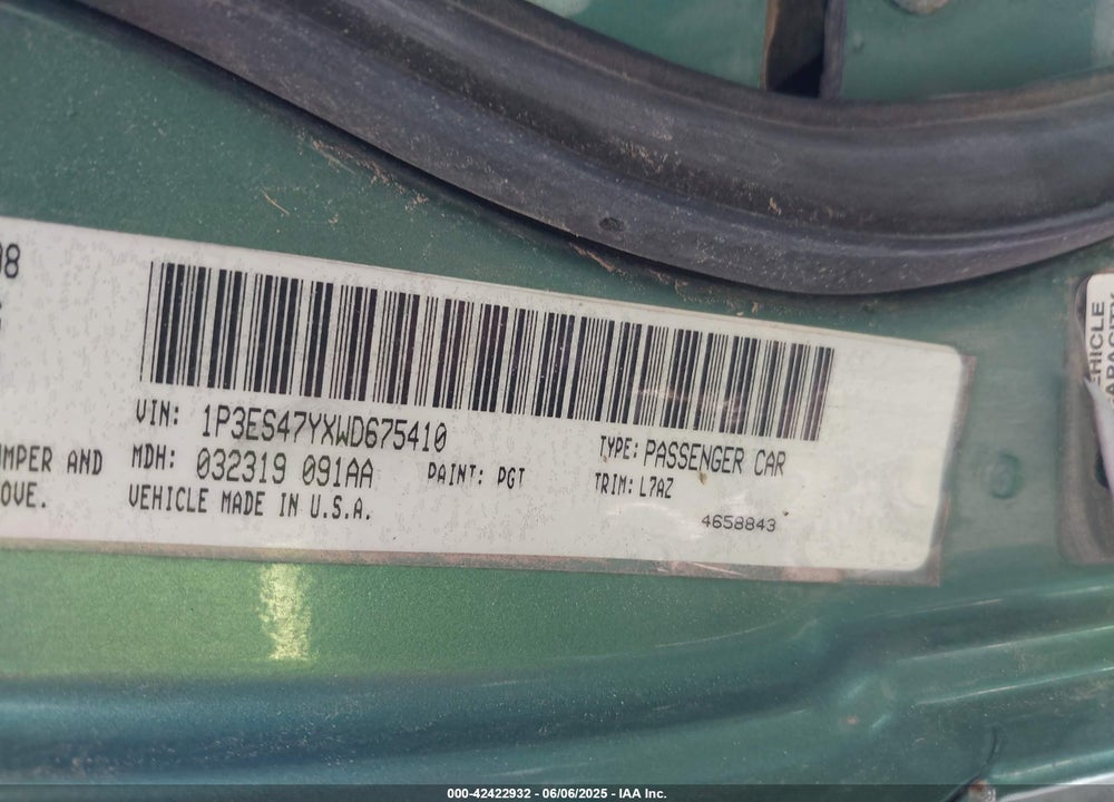1998 PLYMOUTH NEON VIN: 1P3ES47YXWD675410