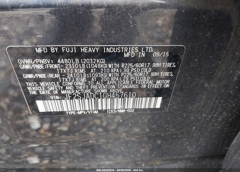 2016 SUBARU FORESTER 2.5I PREMIUM VIN: JF2SJADC1GH457610
