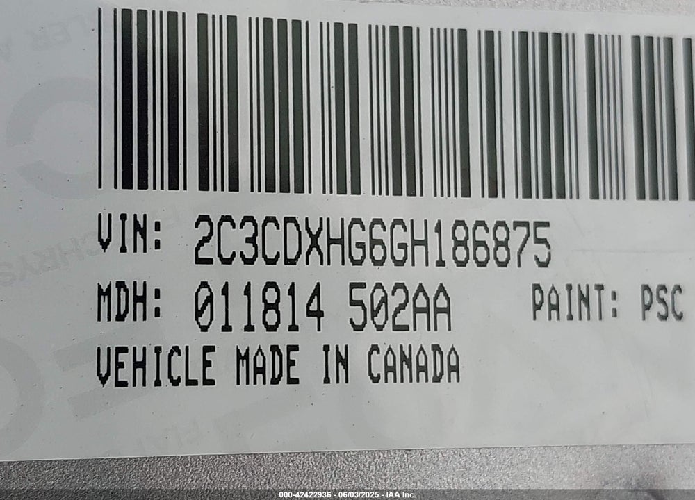 2016 DODGE CHARGER VIN: 2C3CDXHG6GH186875