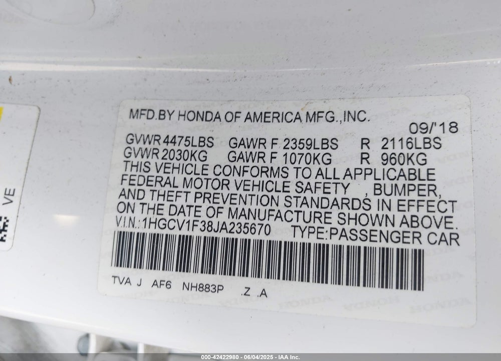 2018 HONDA ACCORD VIN: 1HGCV1F38JA235670