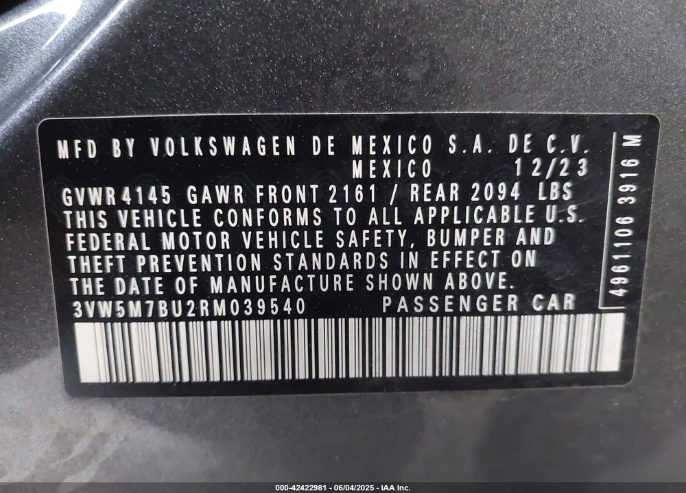 2024 VOLKSWAGEN JETTA VIN: 3VW5M7BU2RM039540
