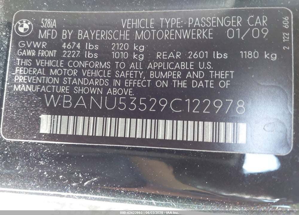 2009 BMW 528I VIN: WBANU53529C122978