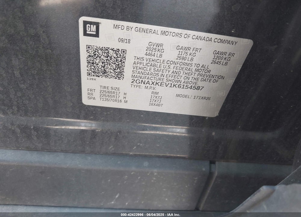 2019 CHEVROLET EQUINOX VIN: 2GNAXKEV1K6154587