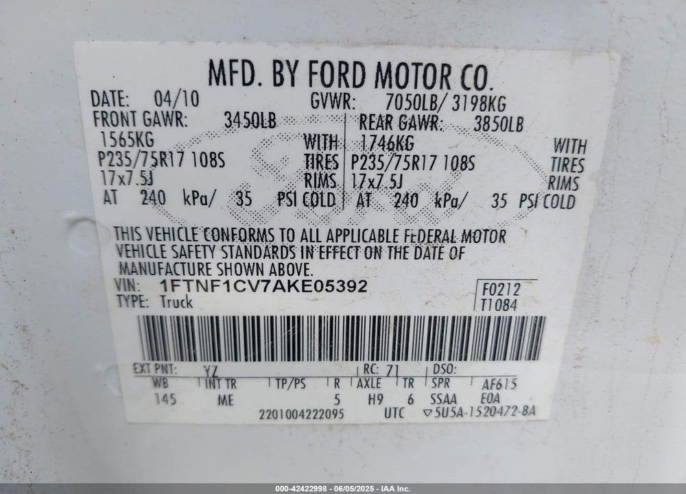 2010 FORD F-150 XL/XLT VIN: 1FTNF1CV7AKE05392