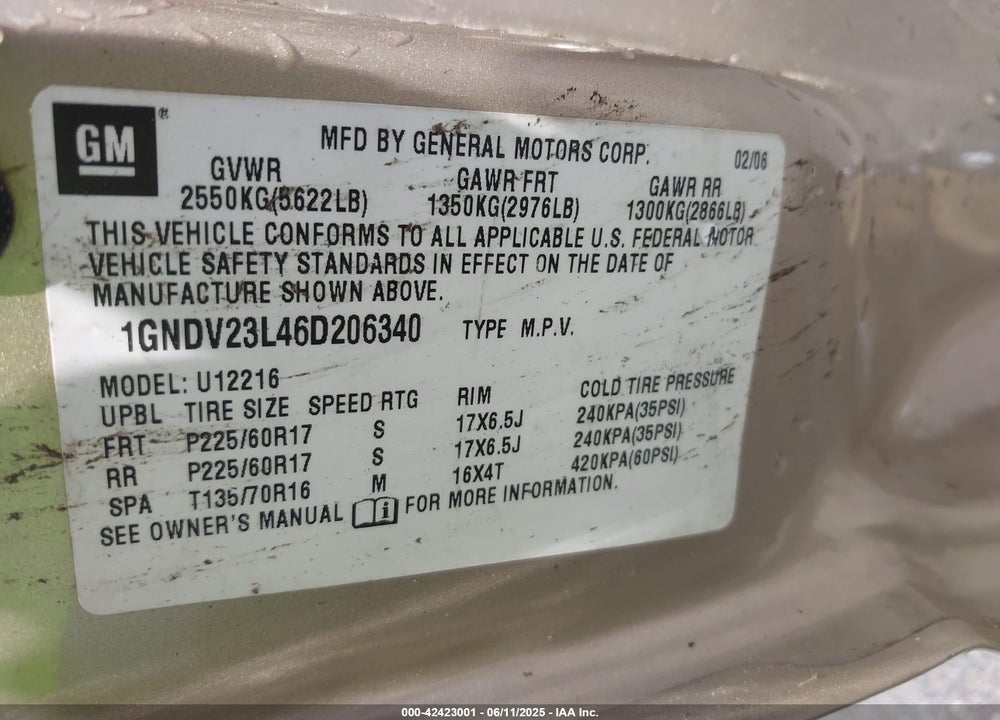 2006 CHEVROLET UPLANDER LS VIN: 1GNDV23L46D206340