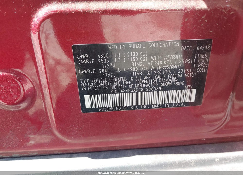 2018 SUBARU OUTBACK VIN: 4S4BSADC8J3363896