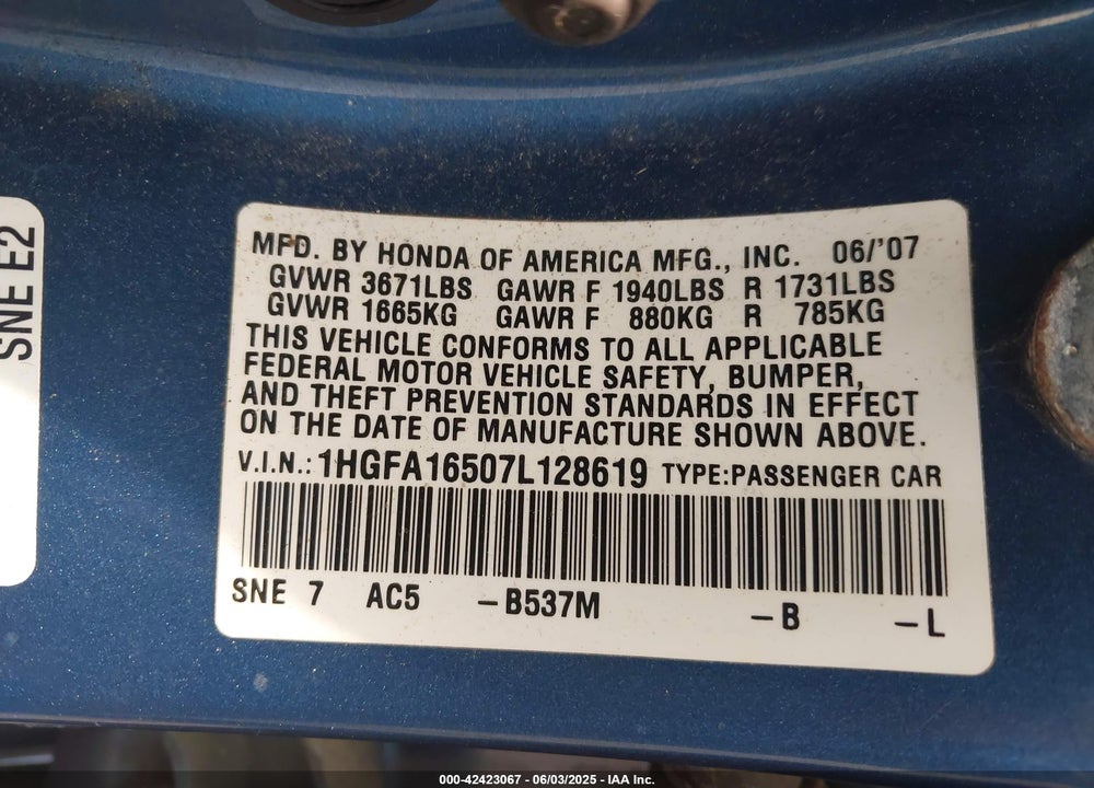 2007 HONDA CIVIC VIN: 1HGFA16507L128619
