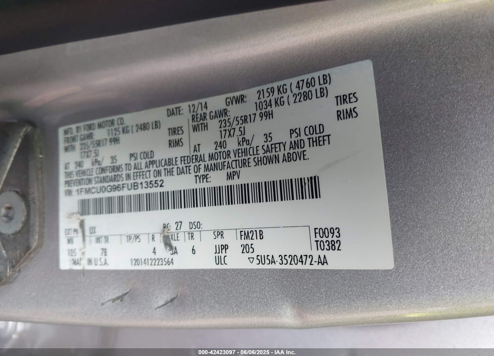 2015 FORD ESCAPE SE VIN: 1FMCU0G96FUB13552