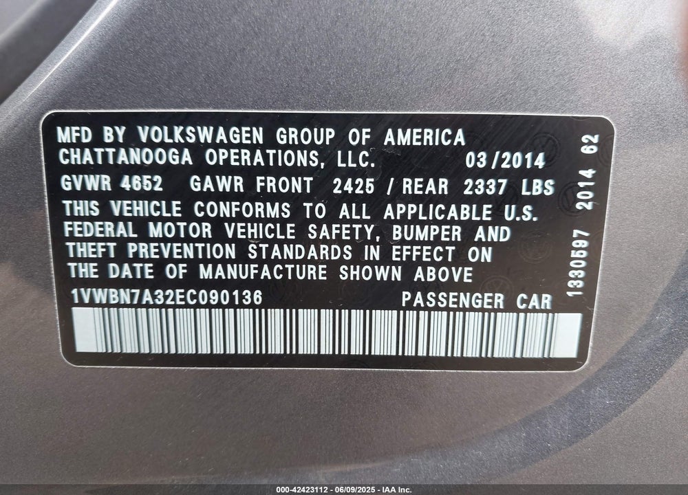 2014 VOLKSWAGEN PASSAT VIN: 1VWBN7A32EC090136