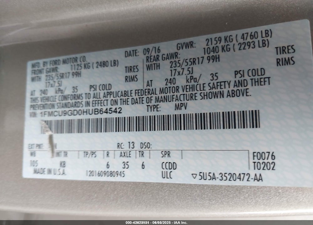 2017 FORD ESCAPE SE VIN: 1FMCU9GD0HUB64542