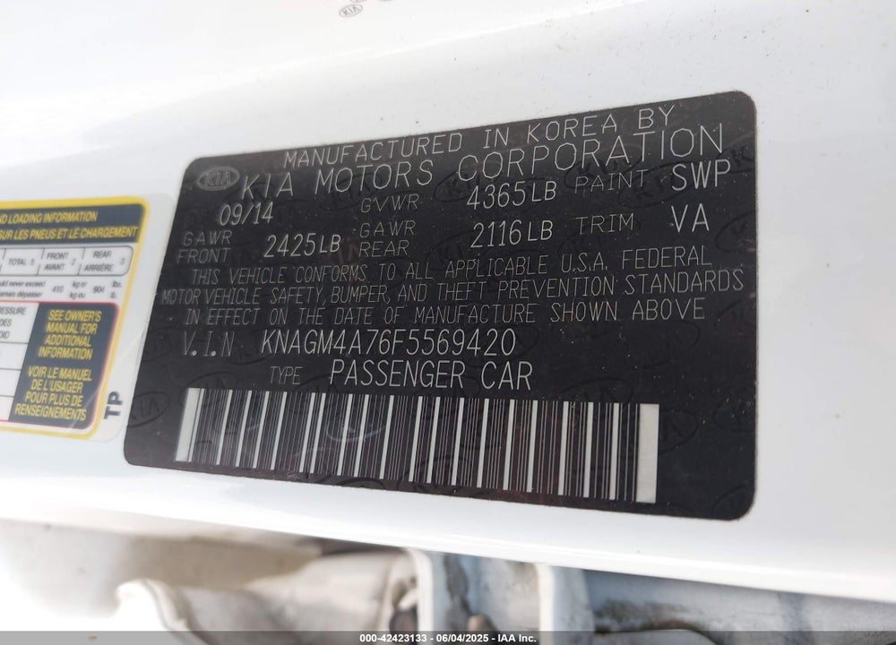 2015 KIA OPTIMA LX VIN: KNAGM4A76F5569420