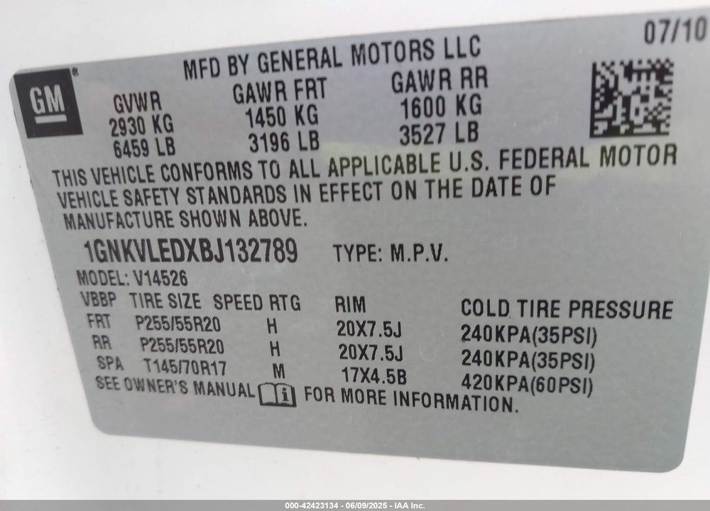 2011 CHEVROLET TRAVERSE VIN: 1GNKVLEDXBJ132789