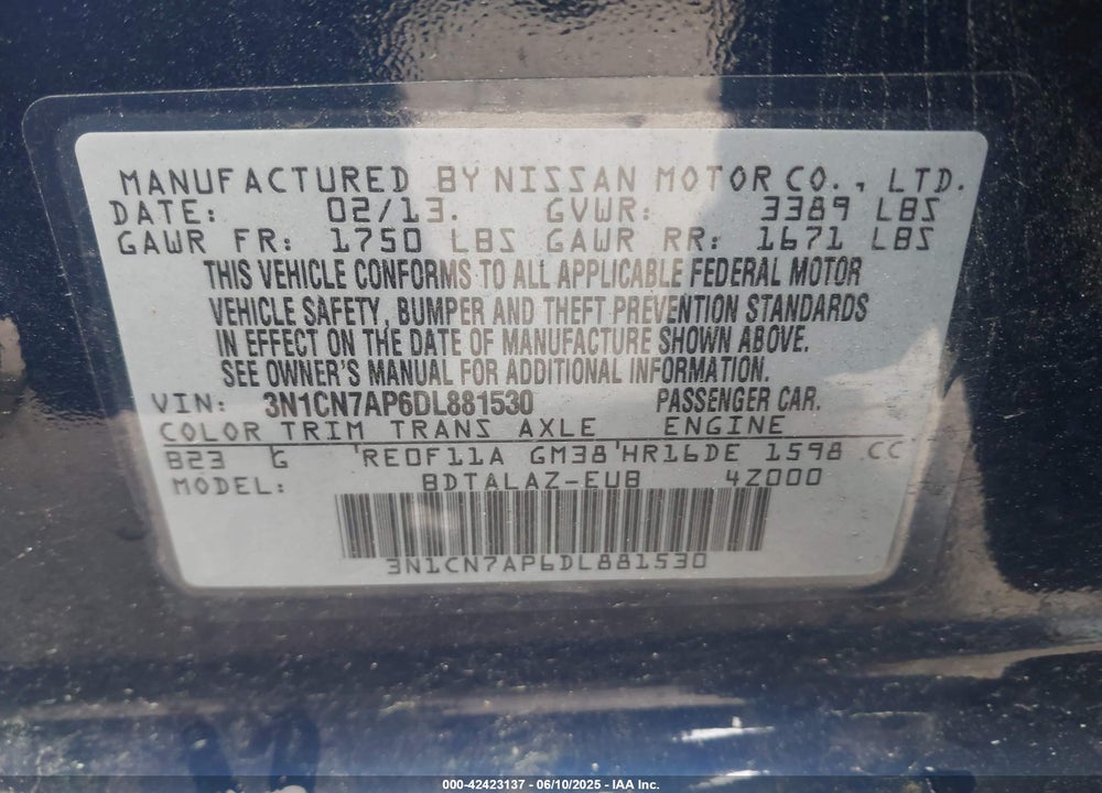 2013 NISSAN VERSA 1.6 S+ VIN: 3N1CN7AP6DL881530