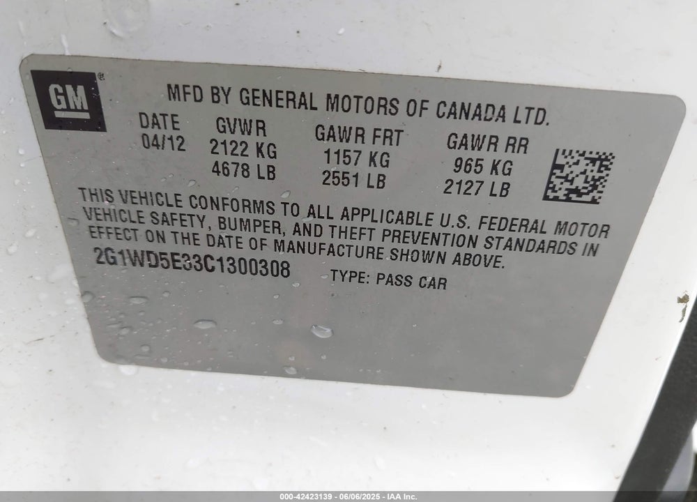 2012 CHEVROLET IMPALA VIN: 2G1WD5E33C1300308