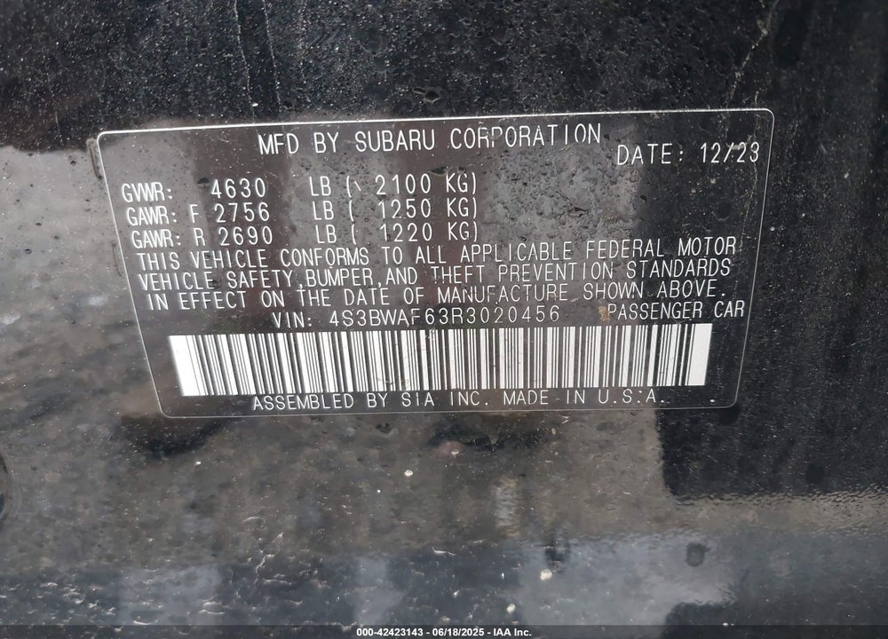 2024 SUBARU LEGACY PREMIUM VIN: 4S3BWAF63R3020456