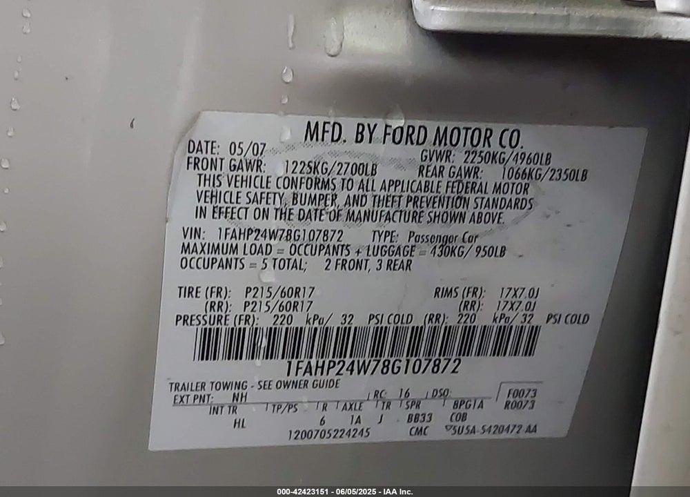 2008 FORD TAURUS VIN: 1FAHP24W78G107872