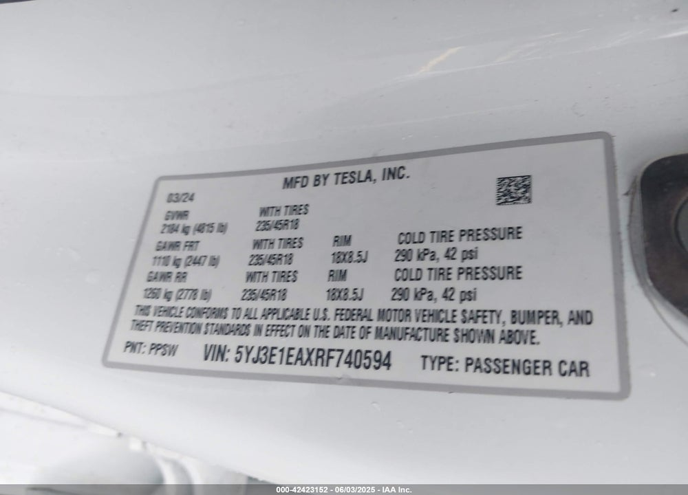 2024 TESLA MODEL 3 LONG RANGE DUAL MOTOR ALL-WHEEL DRIVE/REAR-WHEEL DRIVE VIN: 5YJ3E1EAXRF740594