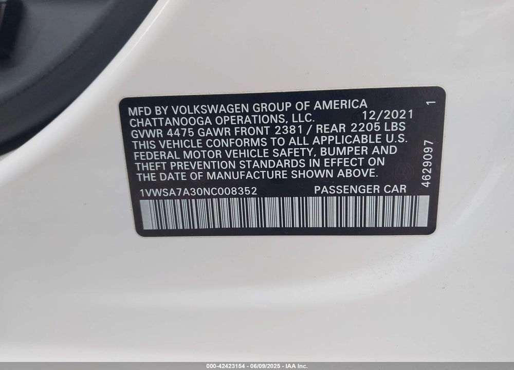 2022 VOLKSWAGEN PASSAT 2.0T SE VIN: 1VWSA7A30NC008352