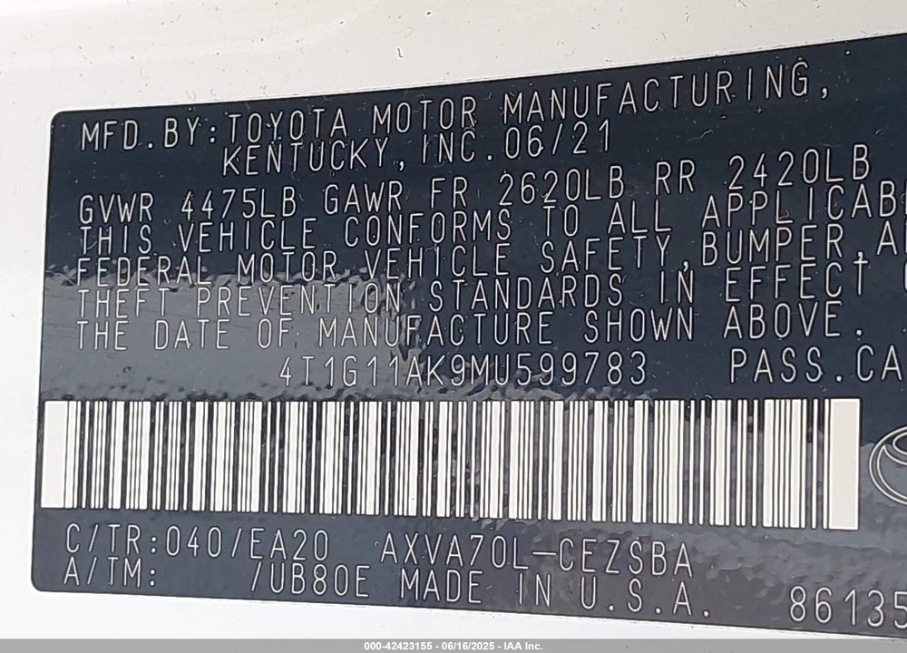 2021 TOYOTA CAMRY VIN: 4T1G11AK9MU599783