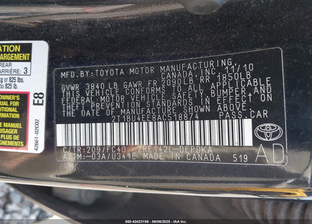 2010 TOYOTA COROLLA VIN: 2T1BU4EE8AC518874