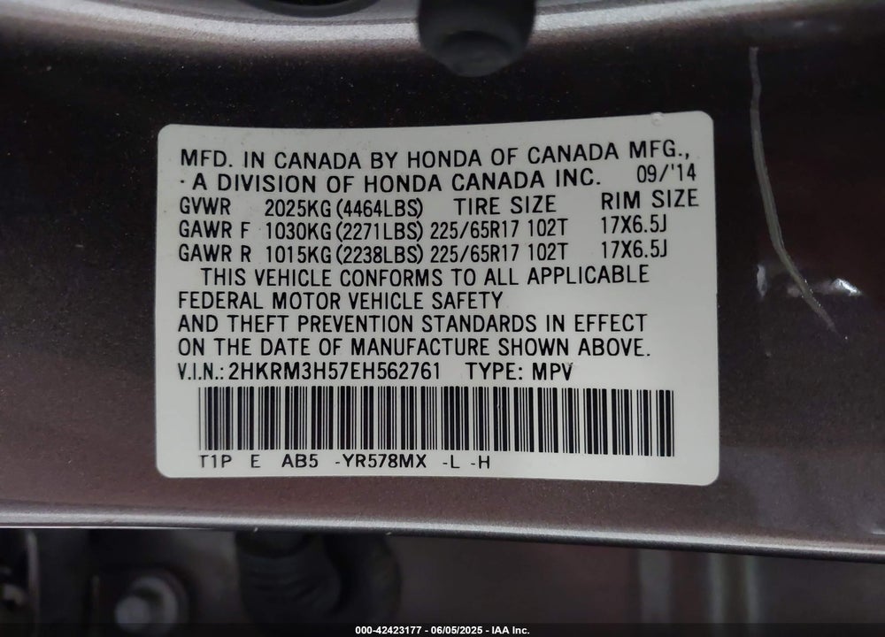 2014 HONDA CR-V VIN: 2HKRM3H57EH562761