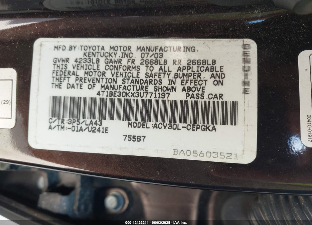 2003 TOYOTA CAMRY XLE VIN: 4T1BE30KX3U771197