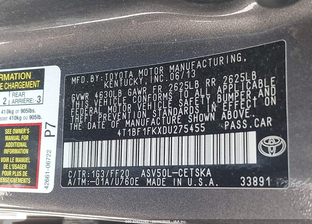 2013 TOYOTA CAMRY VIN: 4T1BF1FKXDU275455