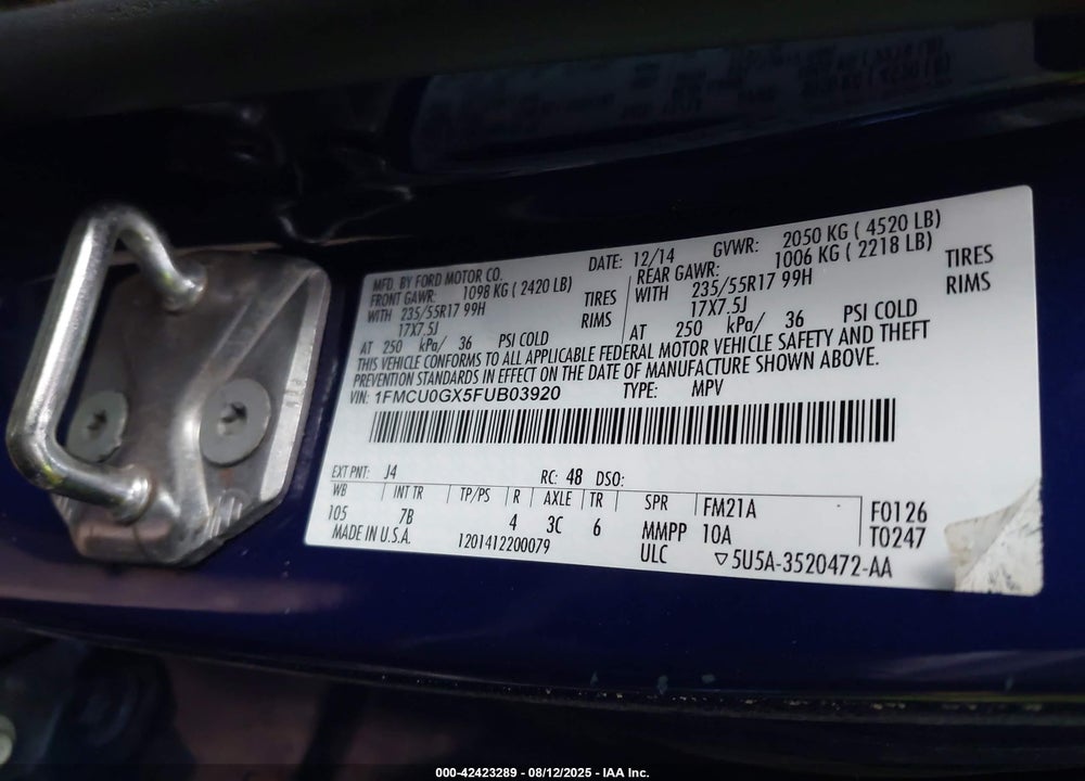 2015 FORD ESCAPE VIN: 1FMCU0GX5FUB03920