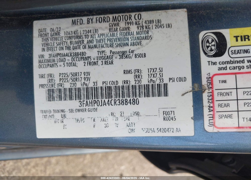 2012 FORD FUSION VIN: 3FAHP0JA4CR388480
