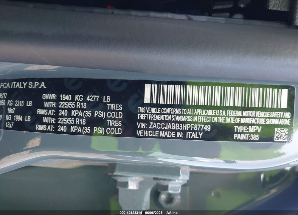 2017 JEEP RENEGADE VIN: ZACCJABB3HPF87749