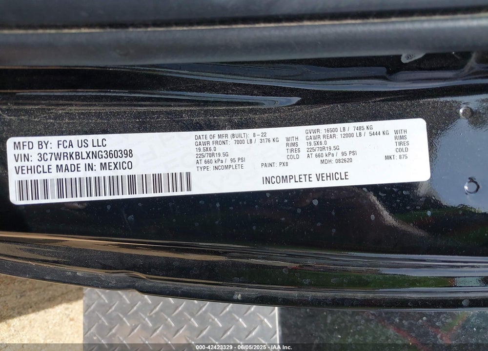 2022 RAM 4500 CHASSIS TRADESMAN/SLT VIN: 3C7WRKBLXNG360398