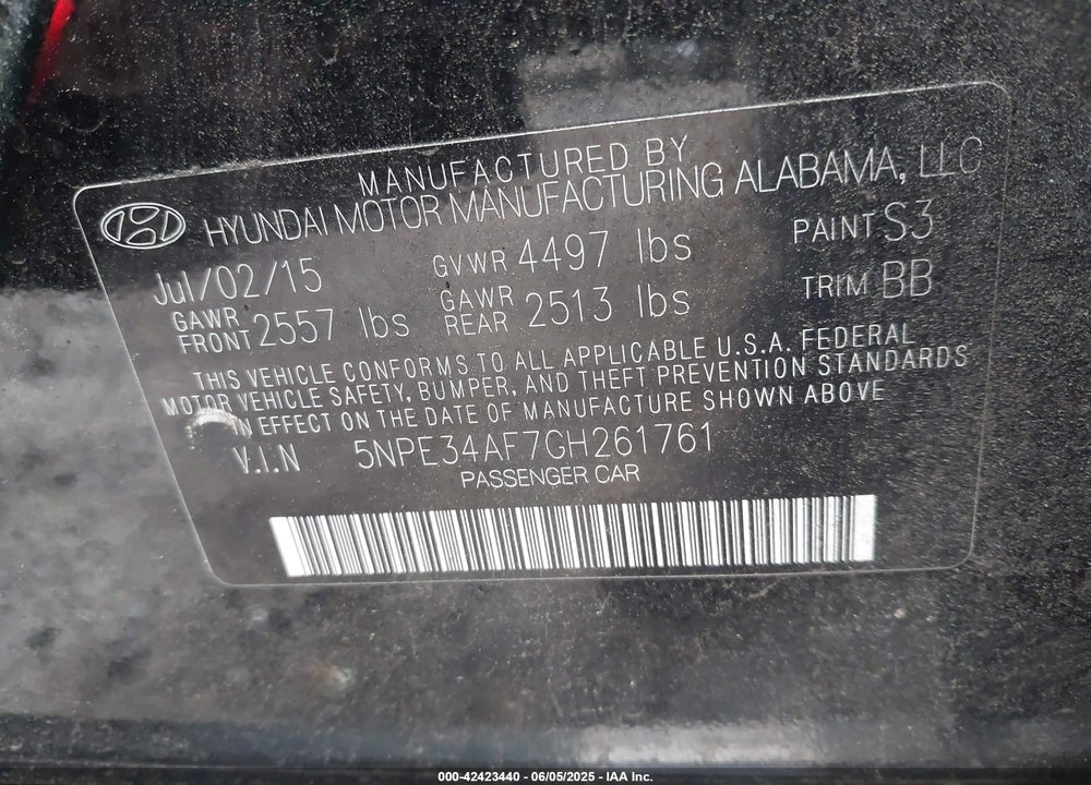 2016 HYUNDAI SONATA VIN: 5NPE34AF7GH261761
