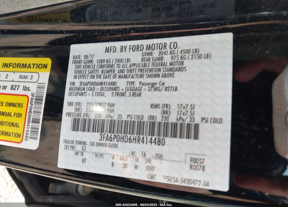2017 FORD FUSION SE VIN: 3FA6P0HD6HR414480