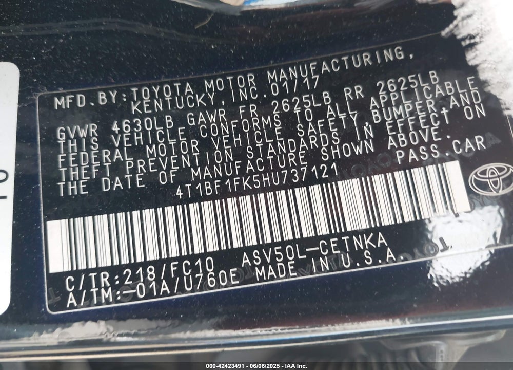 2017 TOYOTA CAMRY LE VIN: 4T1BF1FK5HU737121