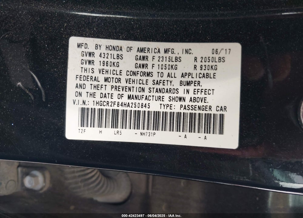 2017 HONDA ACCORD VIN: 1HGCR2F84HA250845