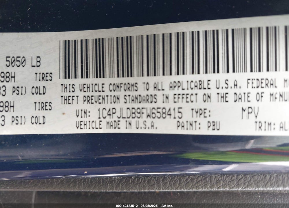 2015 JEEP CHEROKEE LIMITED VIN: 1C4PJLDB9FW658415