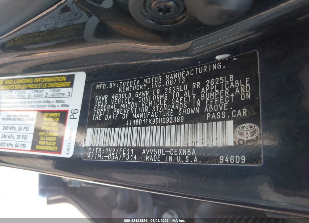 2013 TOYOTA CAMRY HYBRID VIN: 4T1BD1FK9DU092389