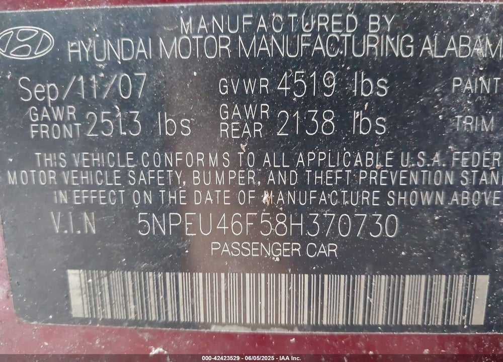 2008 HYUNDAI SONATA VIN: 5NPEU46F58H370730