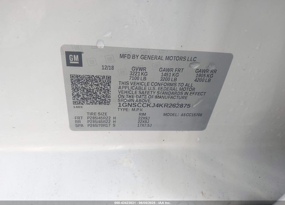 2019 CHEVROLET TAHOE PREMIER VIN: 1GNSCCKJ4KR262875