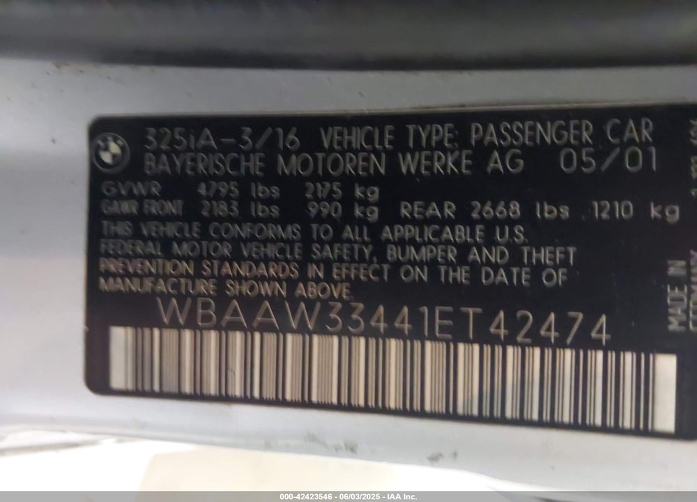 2001 BMW 325I VIN: WBAAW33441ET42474