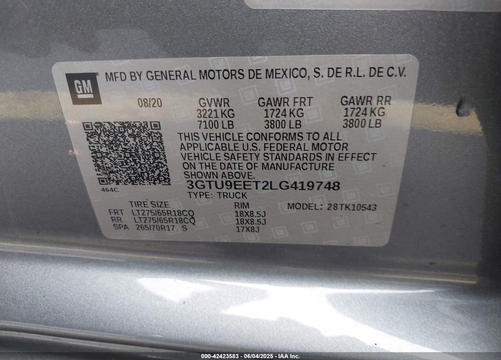 2020 GMC SIERRA 1500 VIN: 3GTU9EET2LG419748