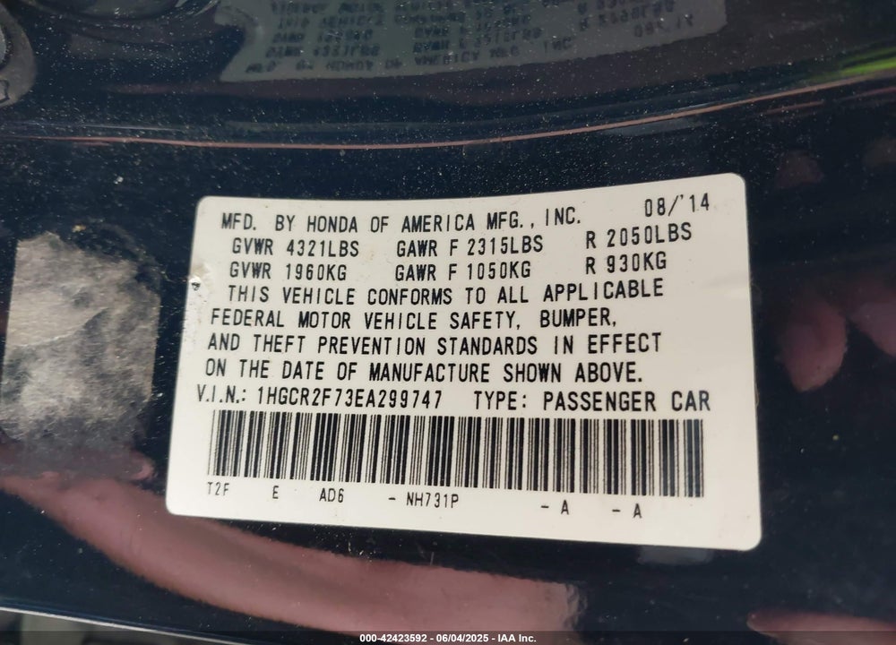 2014 HONDA ACCORD VIN: 1HGCR2F73EA299747