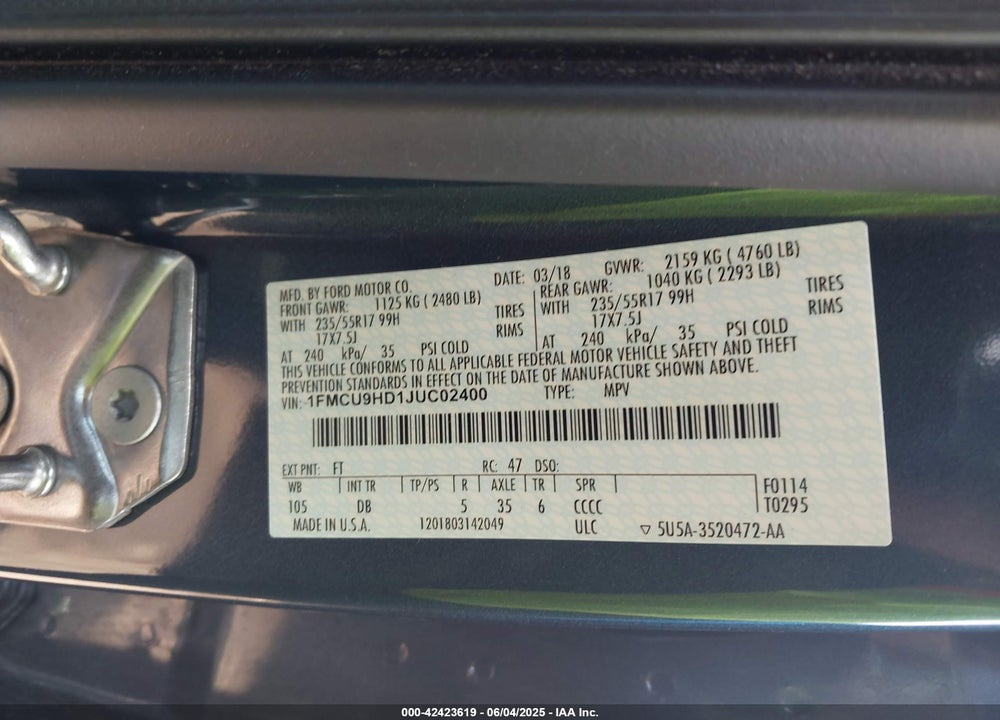 2018 FORD ESCAPE SEL VIN: 1FMCU9HD1JUC02400