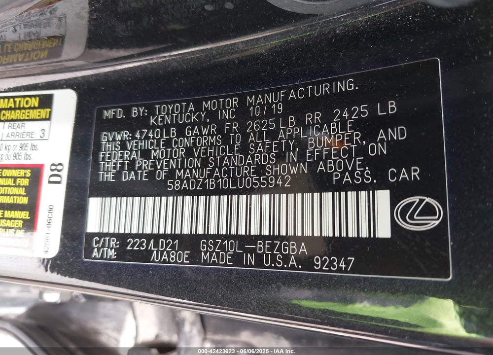 2020 LEXUS ES 350 VIN: 58ADZ1B10LU055942